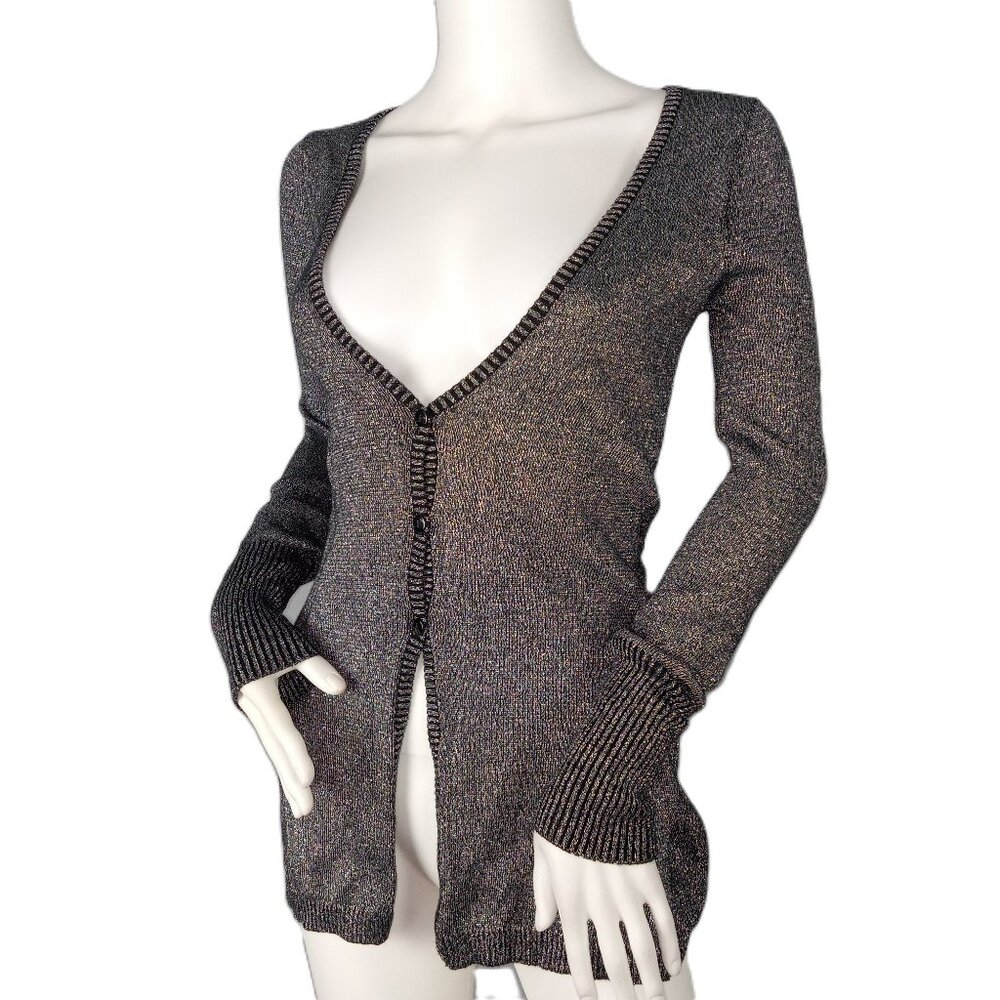 Material Girl Women's Back Bow Trim Cardigan Sweater Size XS Black Silver V-Neck